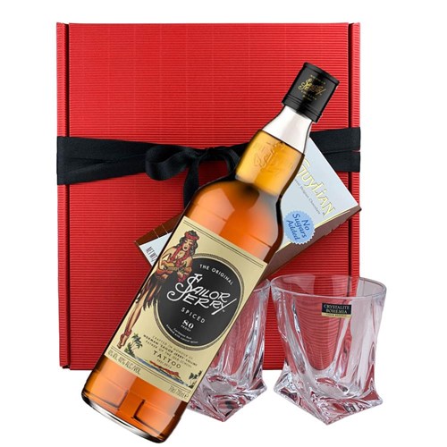 Sailor Jerrys Spiced Rum, Tumbler And Bar of Artisanal Belgian chocolate Gift box